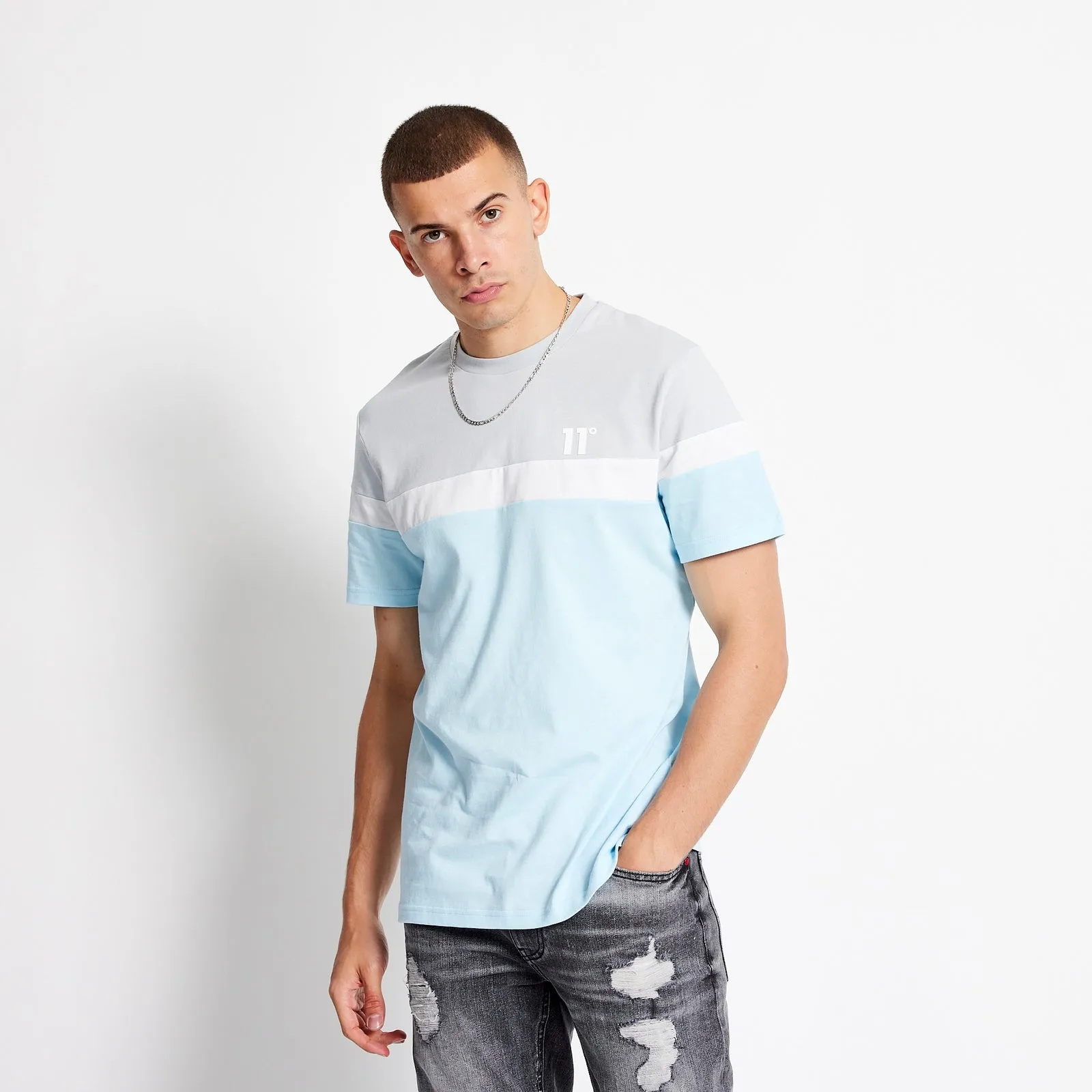 11 Degrees Triple Panel T-Shirt - Ice Blue / Micro Chip / White