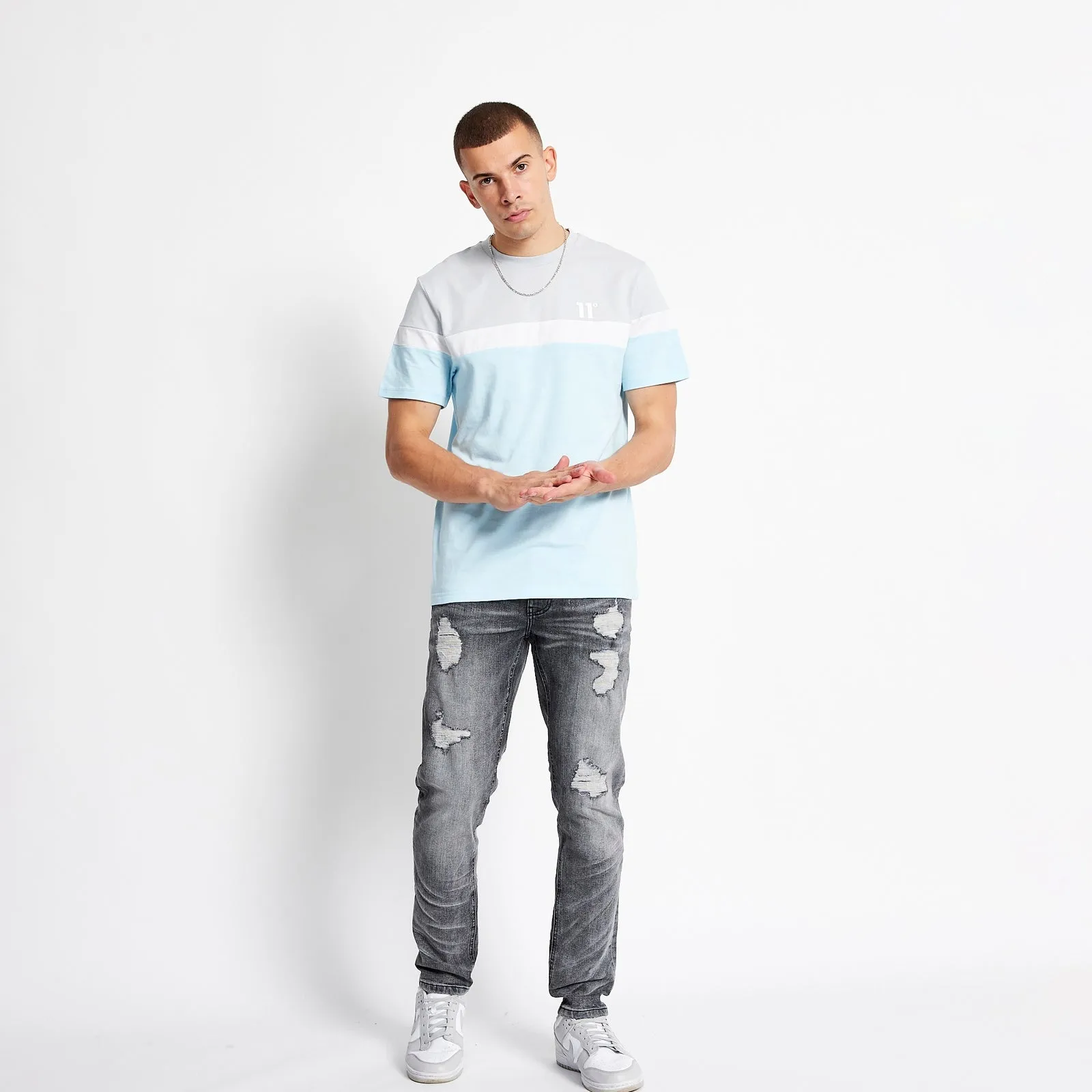 11 Degrees Triple Panel T-Shirt - Ice Blue / Micro Chip / White