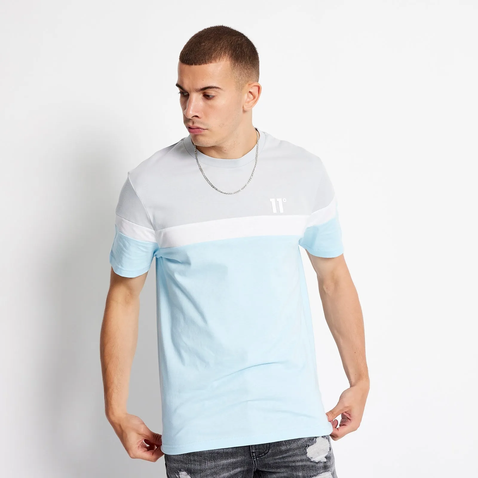 11 Degrees Triple Panel T-Shirt - Ice Blue / Micro Chip / White