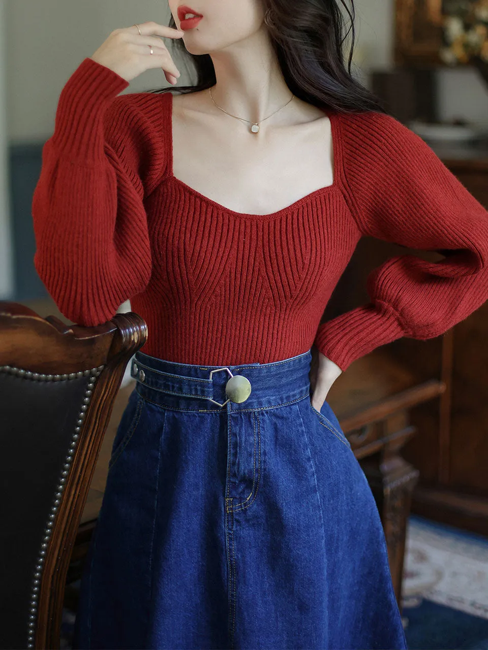 1950S Vintage Red Puffed Sleeve Sweater And Denim Swing Skirt Set