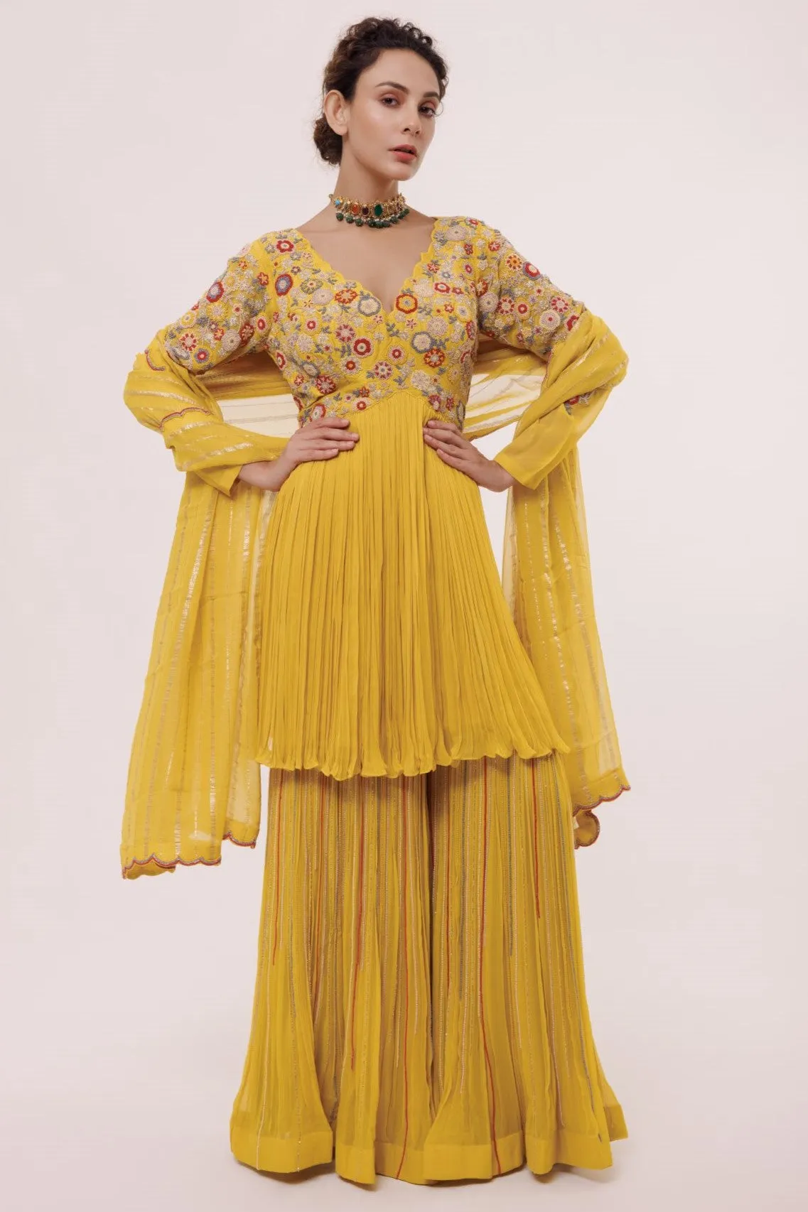 50Z854-RO Yellow Georgette Embroidered Sharara Suit Set