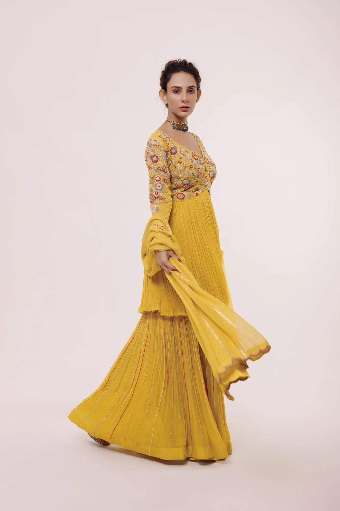 50Z854-RO Yellow Georgette Embroidered Sharara Suit Set