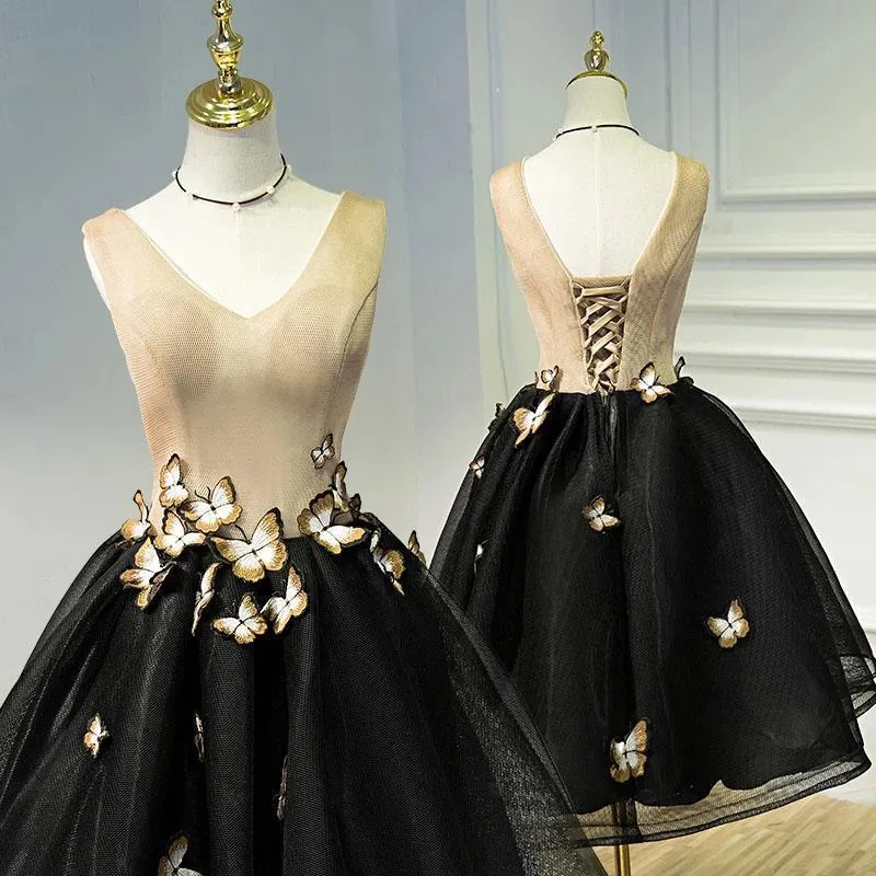 A Line Black V Neck Lace up Homecoming Dresses Sleeveless Prom Dress With Butterfly