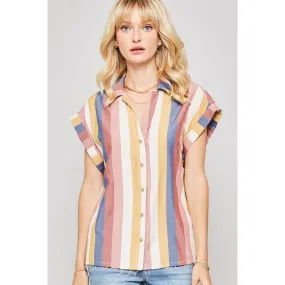 A Woven Shirt In Multicolor Striped With Collared Neckline