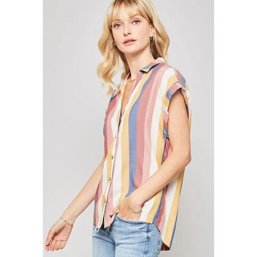 A Woven Shirt In Multicolor Striped With Collared Neckline