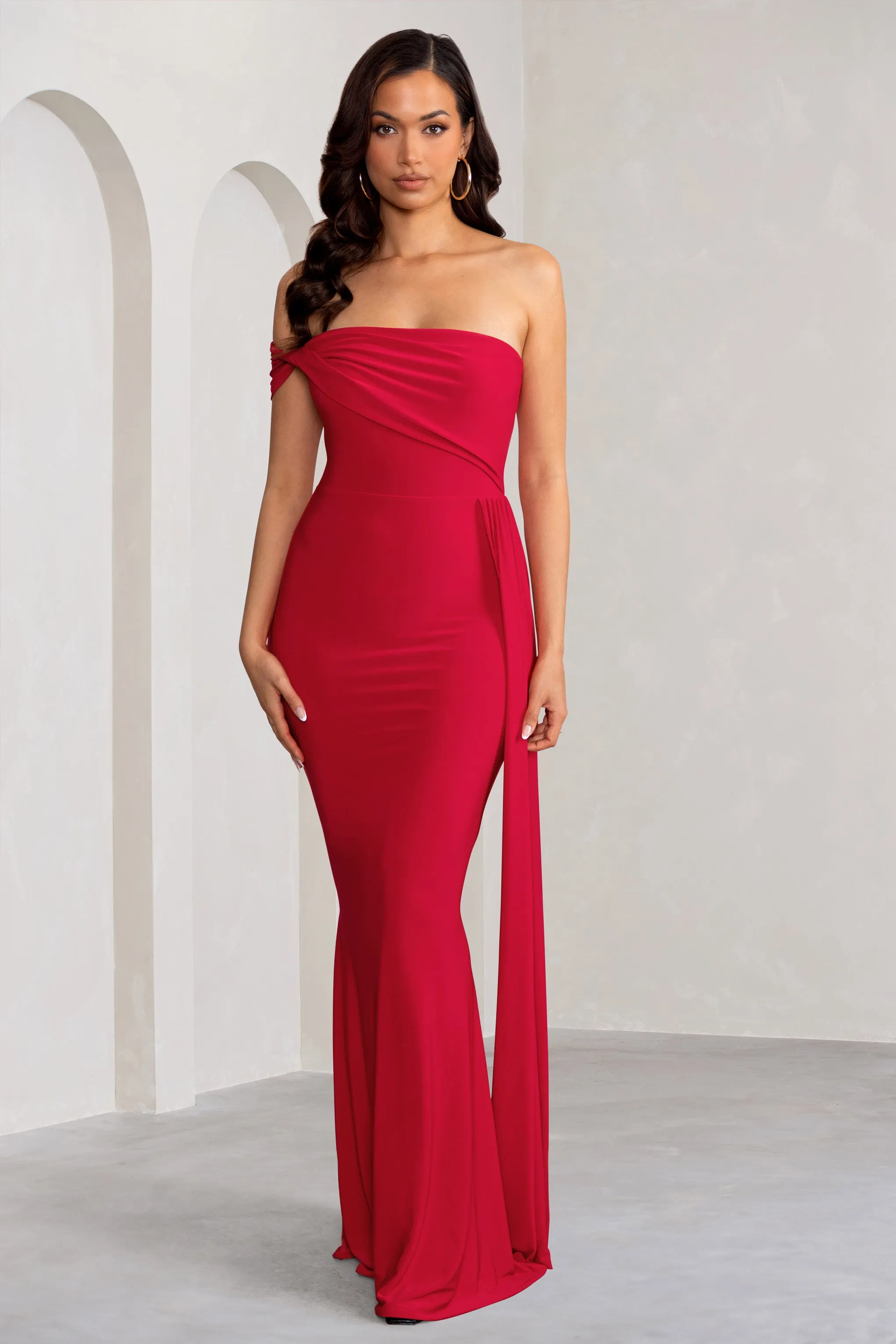 Aaliyah | Red Asymmetric Bardot Maxi Dress with Drape