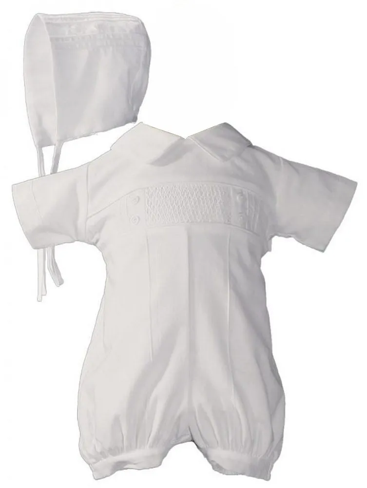 Baby Boys White Cotton Smocked Romper Bonnet Baptism Outfit Set 0-12M