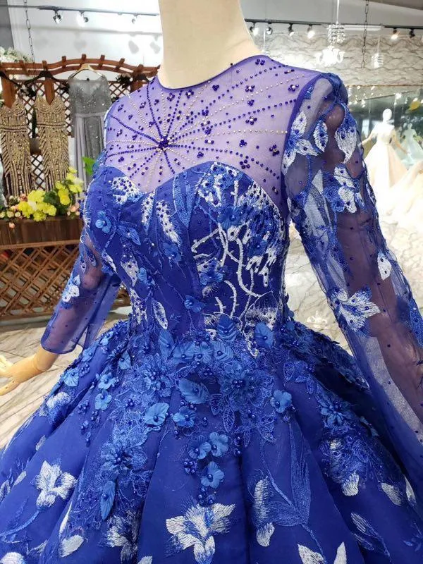 Ball Gown Blue Round Neck Prom Dresses with Beads Lace up Quinceanera Dresses