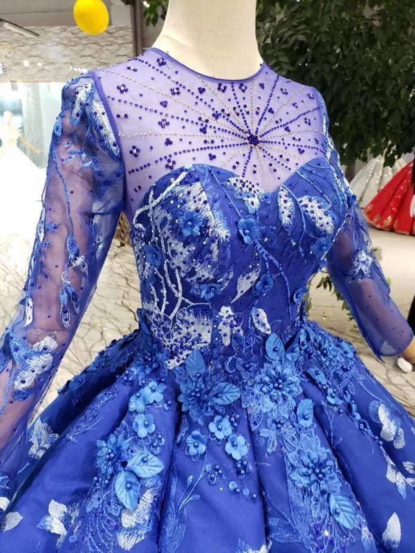 Ball Gown Blue Round Neck Prom Dresses with Beads Lace up Quinceanera Dresses