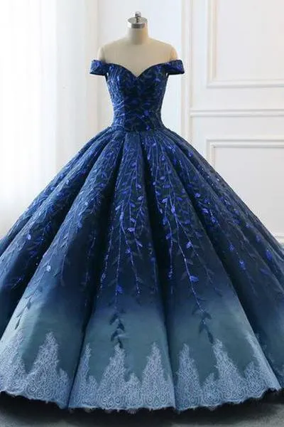 Ball Gown Navy Blue Lace Applique Ombre Off the Shoulder Princess Quinceanera Dresse