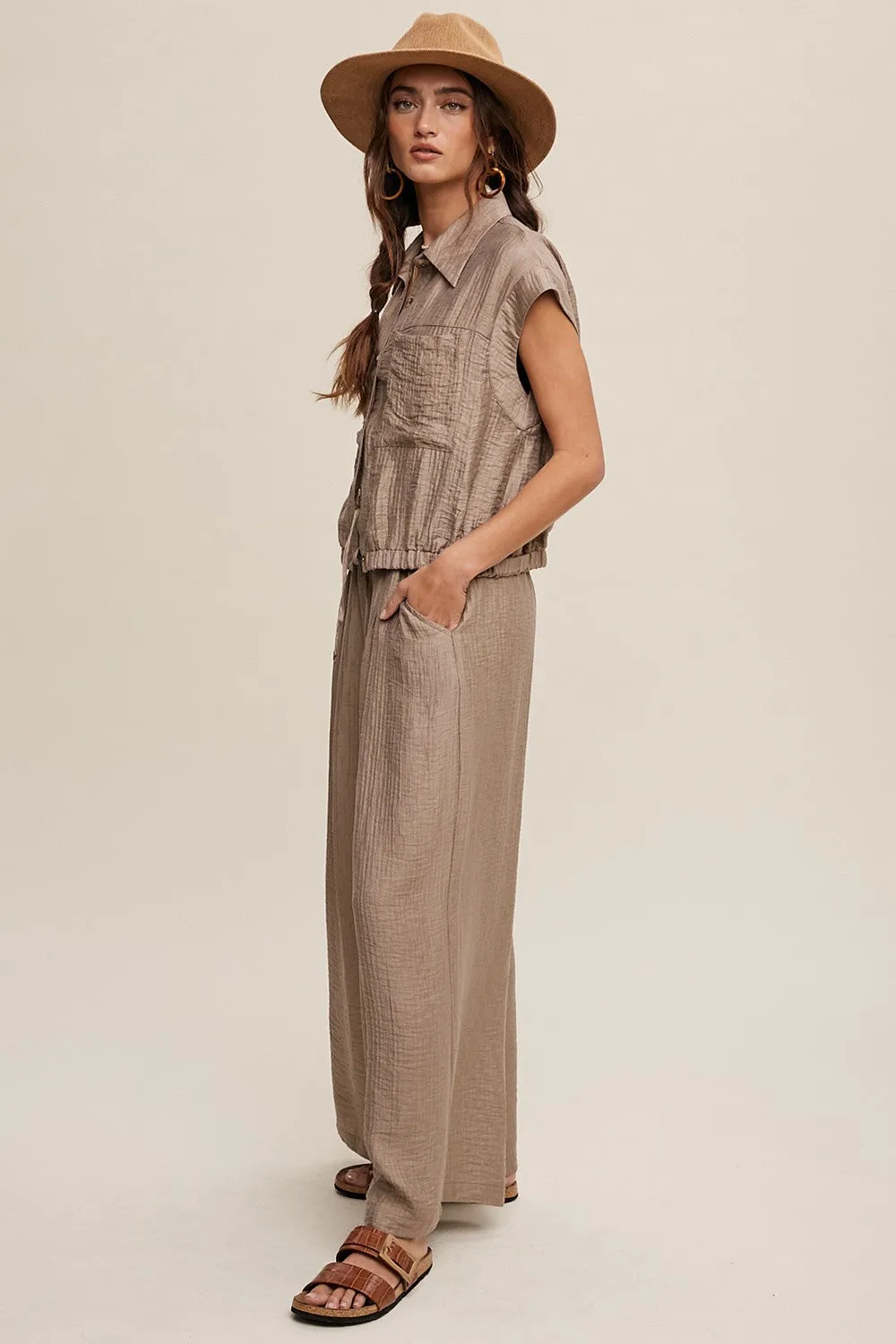 Bella Button Down Pleated Set in Tan