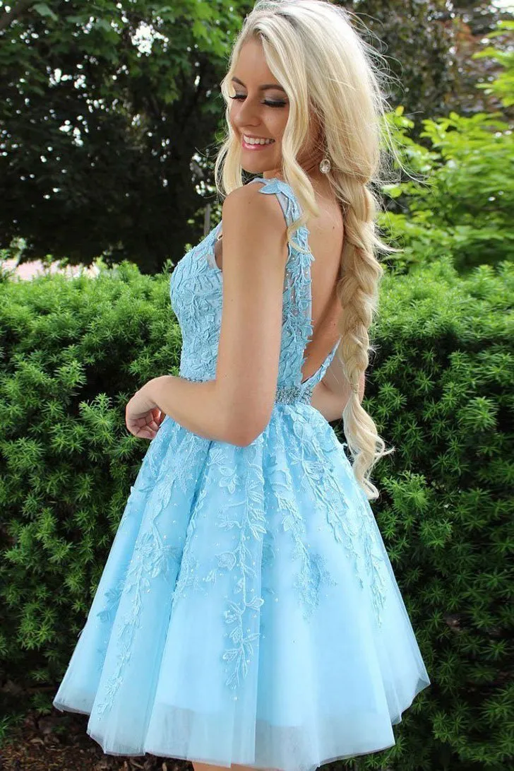 Blue Tulle Lace Appliques Short Prom Dress Beads Open Back Homecoming Dresses