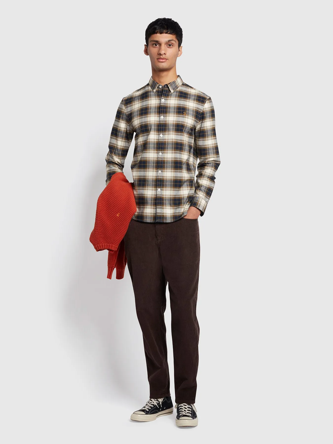 Brewer Slim Fit Organic Cotton Check Oxford Shirt In Brown