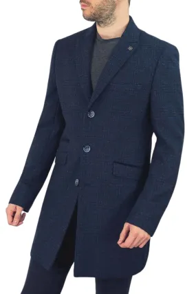 Cavani Danilo Men's Navy Check Wool Blend Overcoat