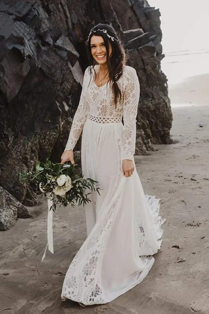 Charming A Line Long Sleeves V Neck Lace Ivory Beach Wedding Dresses, Bridal STK15623