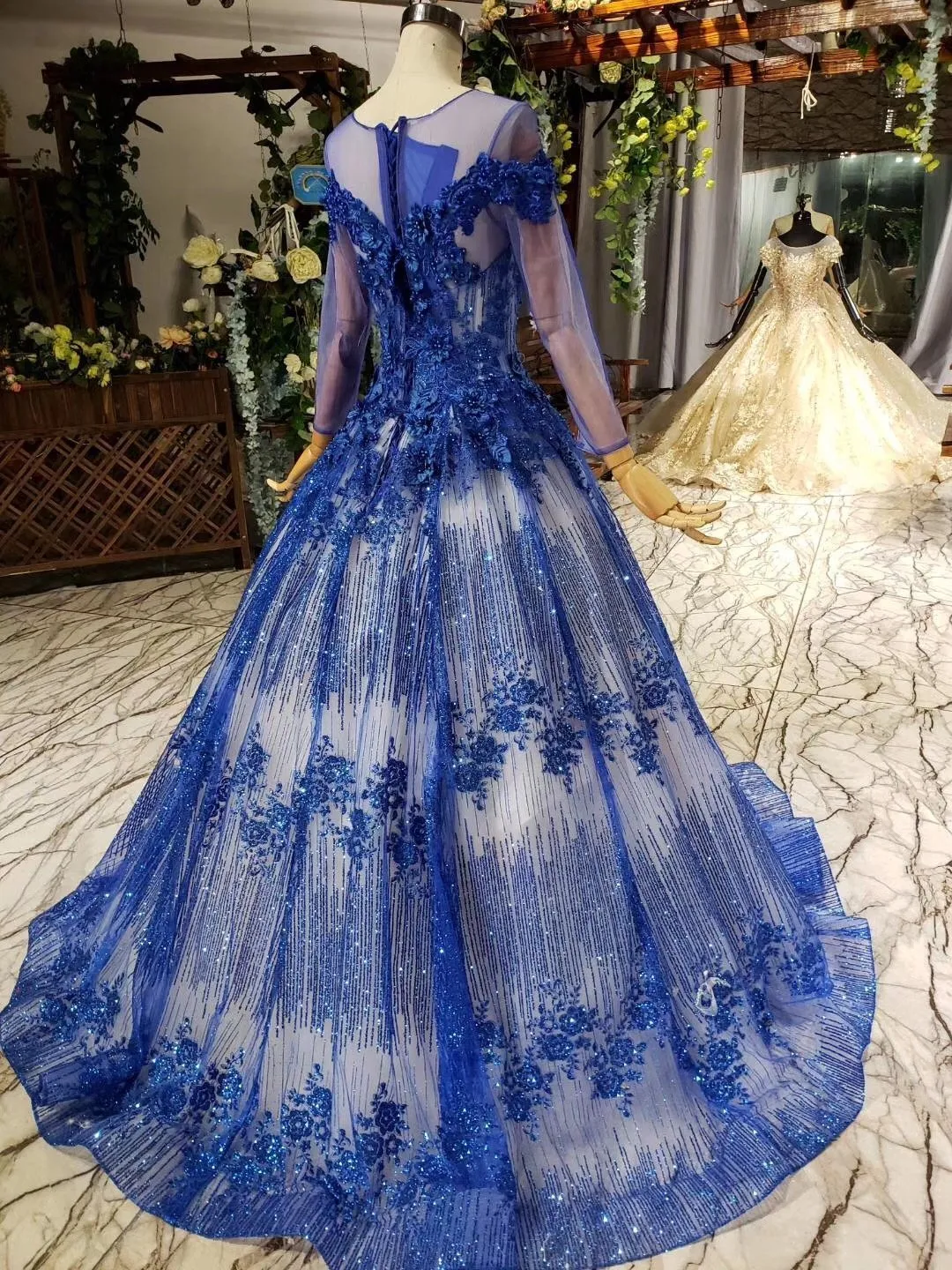 Charming Long Sleeve Round Neck Tulle Blue Beads Ball Gown Prom Dresses with Lace up