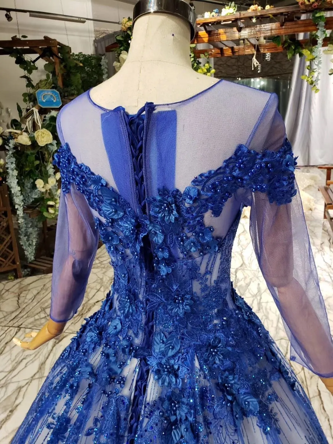 Charming Long Sleeve Round Neck Tulle Blue Beads Ball Gown Prom Dresses with Lace up