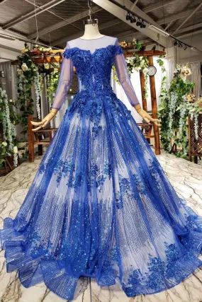 Charming Long Sleeve Round Neck Tulle Blue Beads Ball Gown Prom Dresses with Lace up