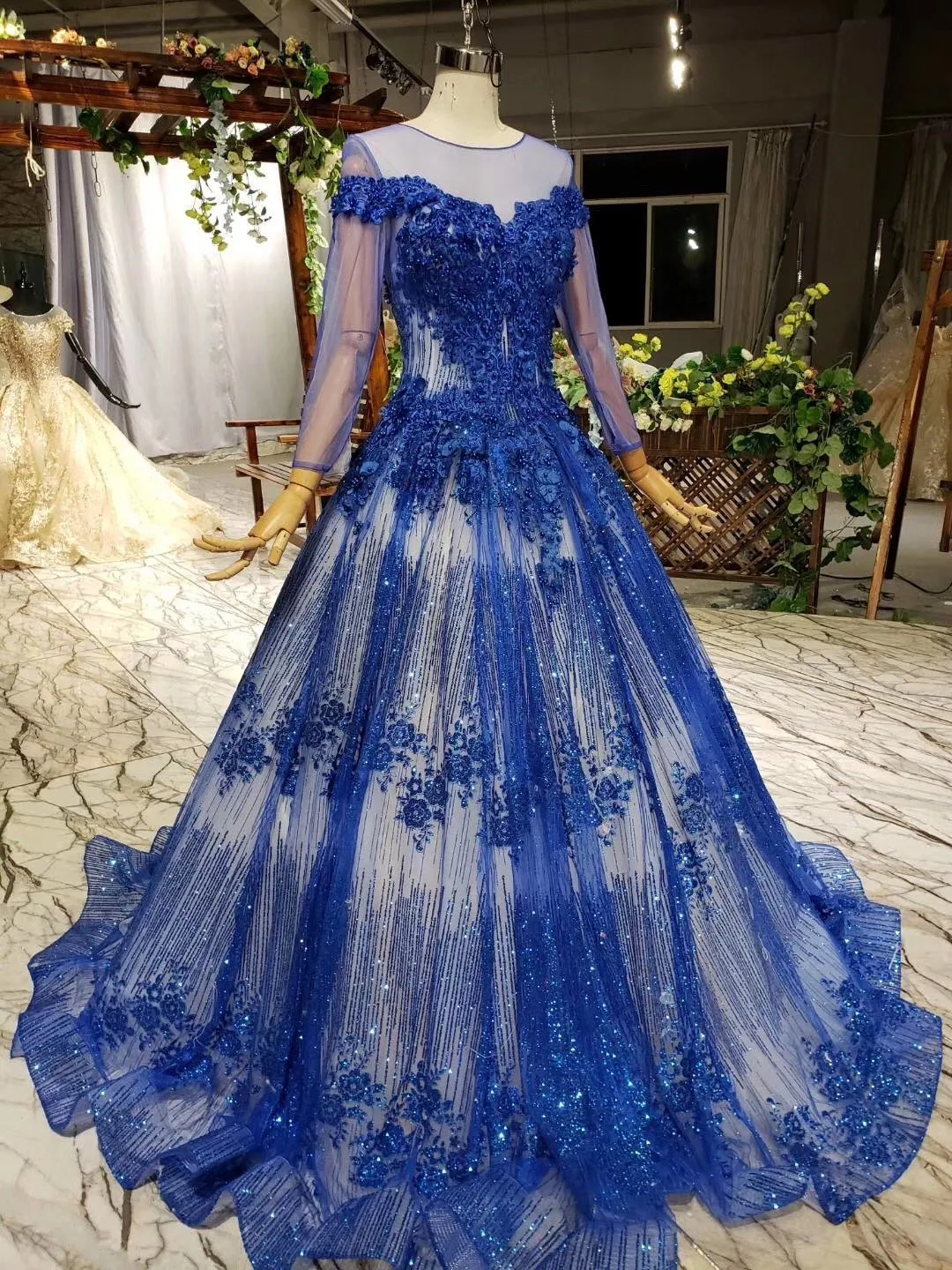 Charming Long Sleeve Round Neck Tulle Blue Beads Ball Gown Prom Dresses with Lace up