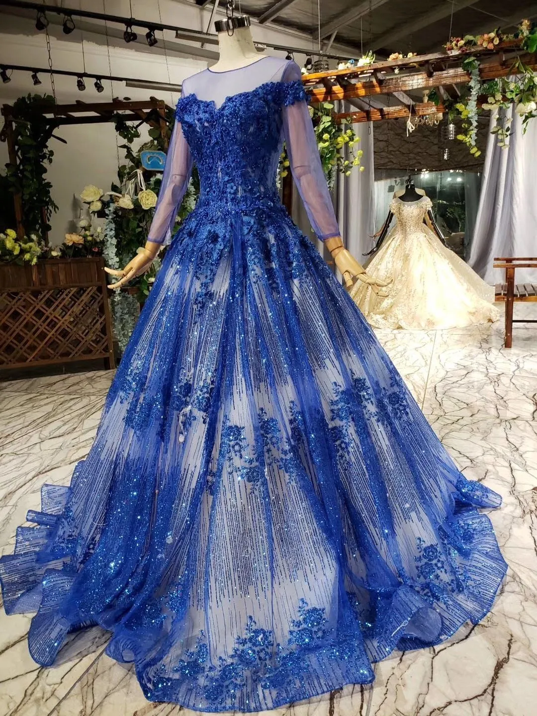 Charming Long Sleeve Round Neck Tulle Blue Beads Ball Gown Prom Dresses with Lace up