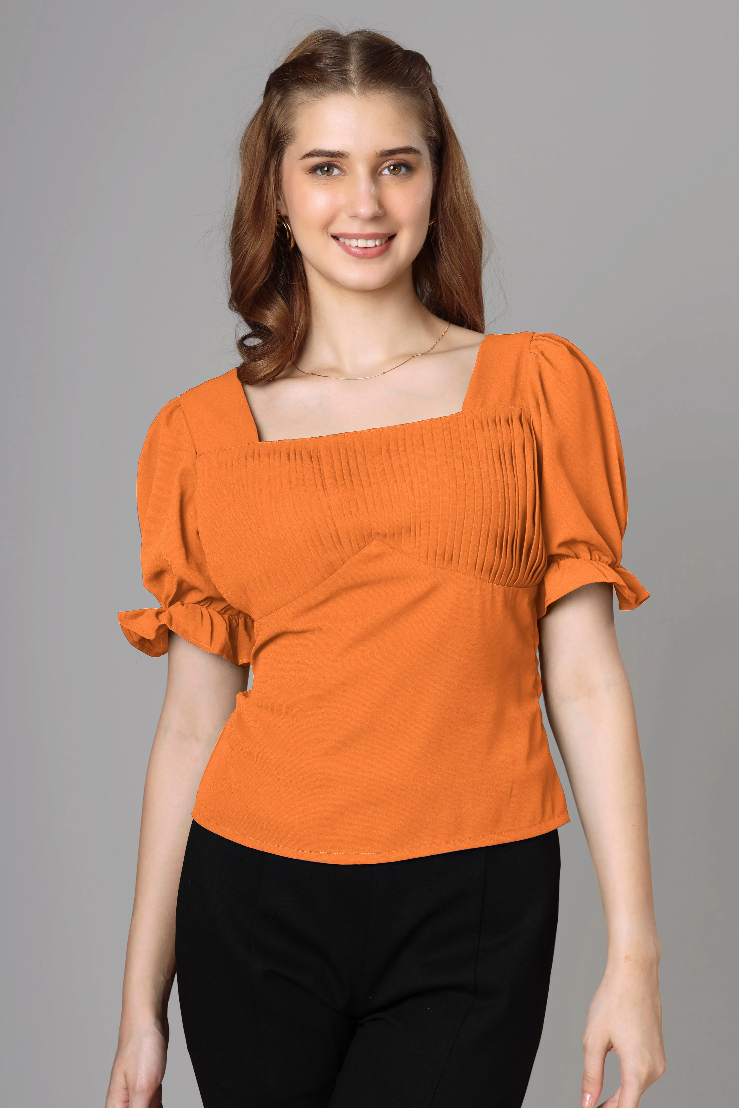 Classic Orange Half Pleated Top For Women