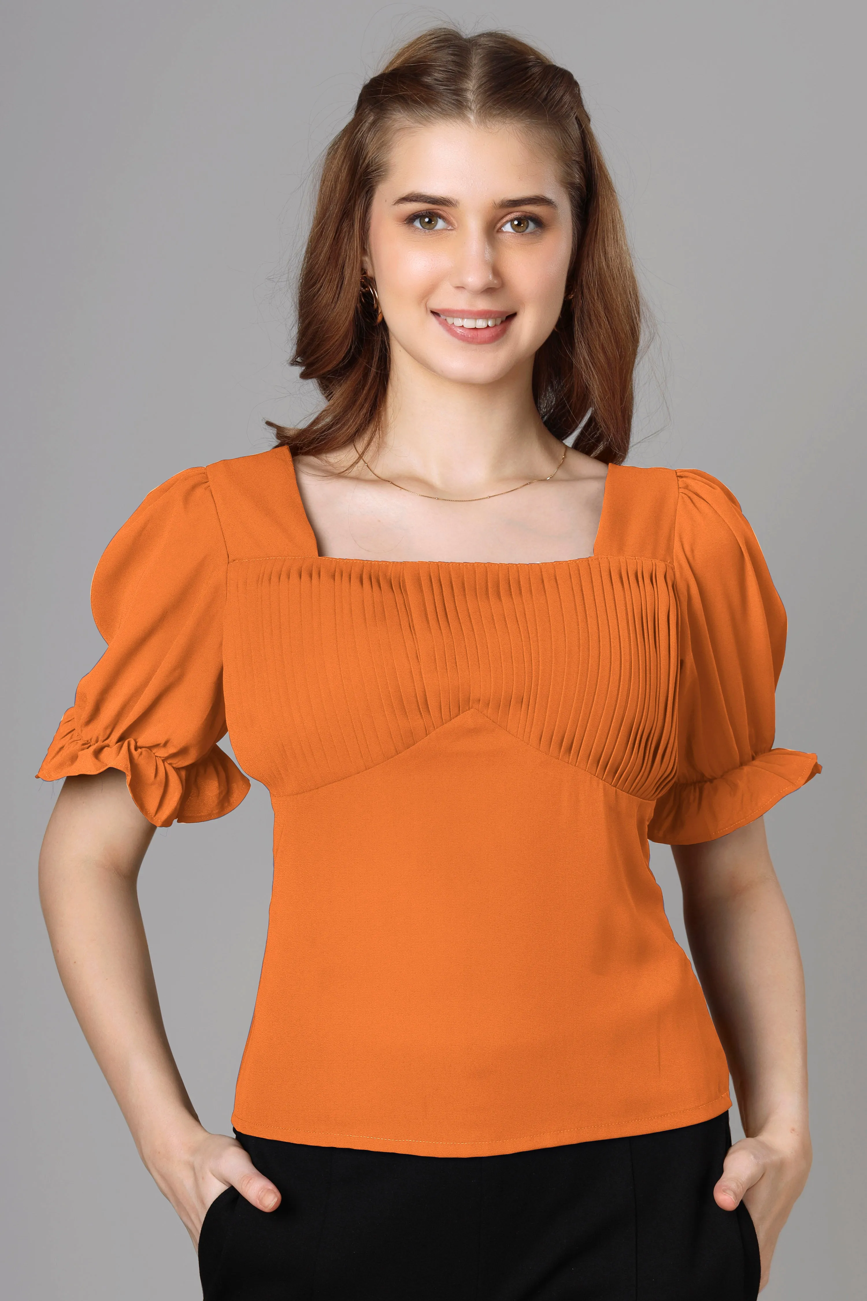 Classic Orange Half Pleated Top For Women