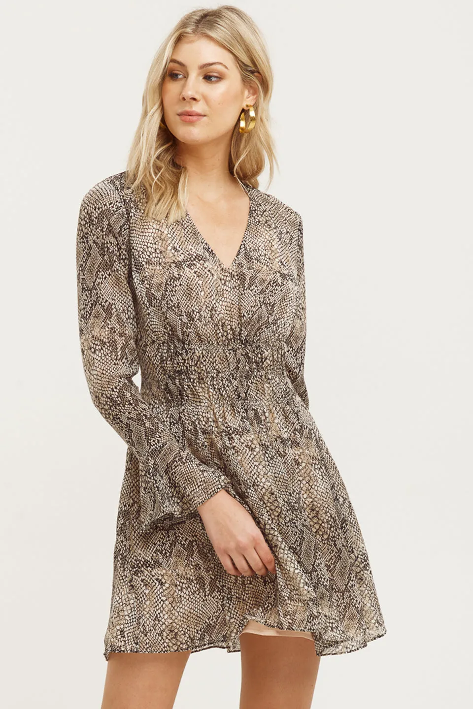 Cobra Print LS Sand Mini Dress