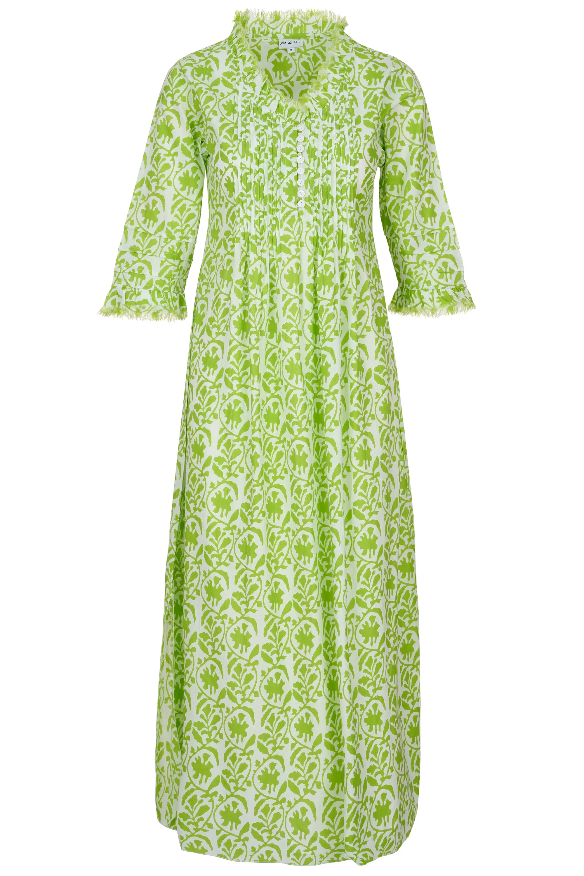 Cotton Annabel Maxi Dress in White with Fresh Lime Trellis