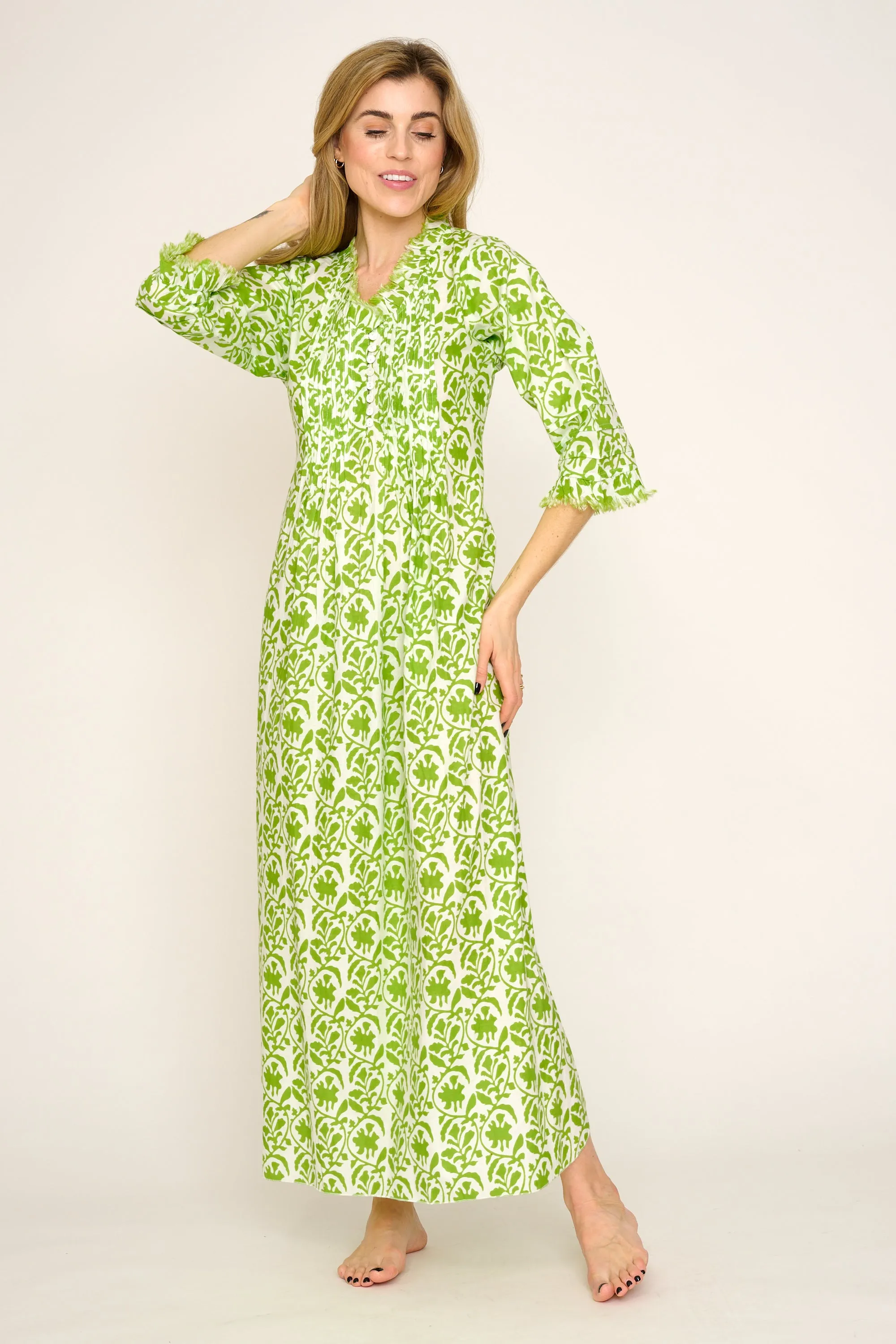 Cotton Annabel Maxi Dress in White with Fresh Lime Trellis