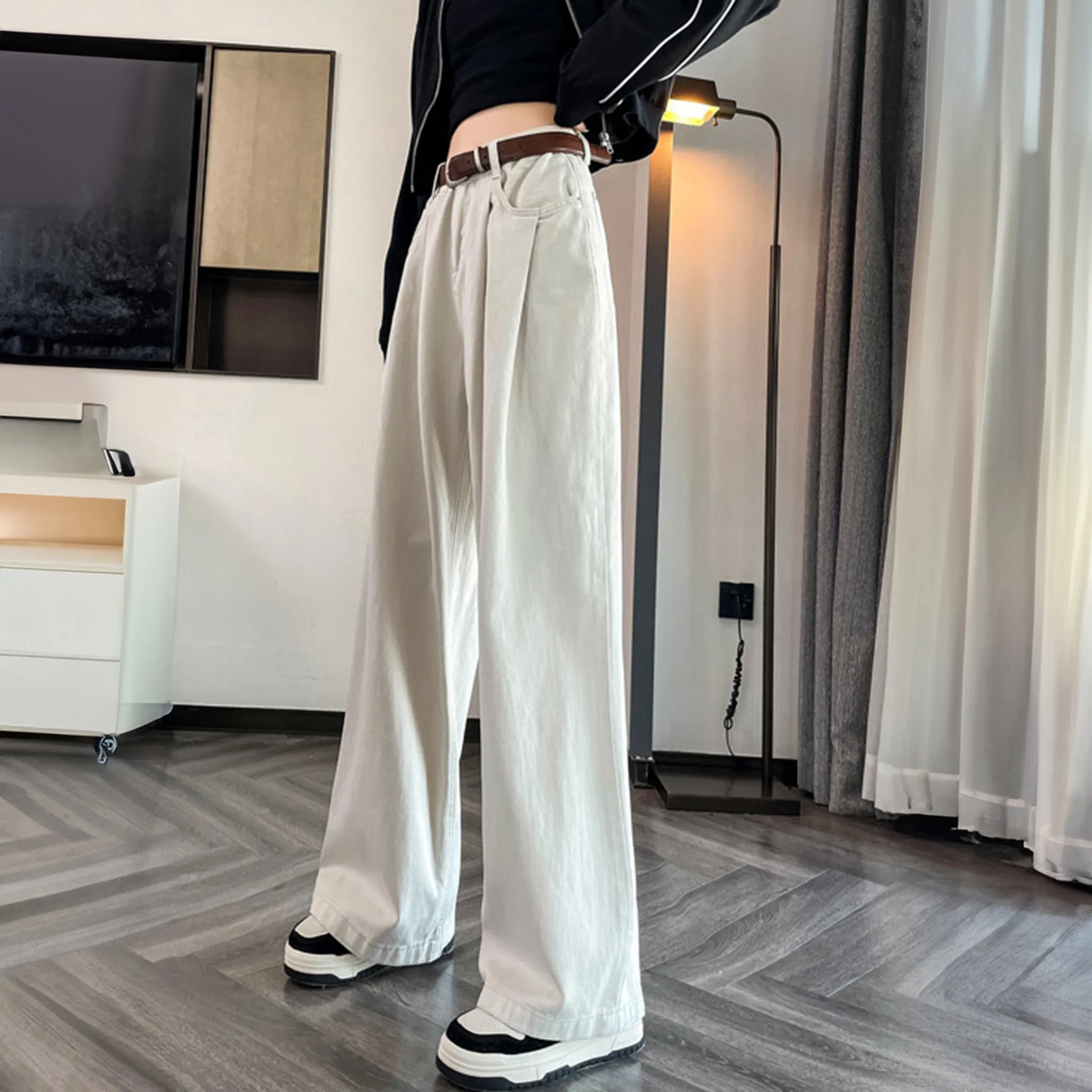 Cream Cotton Korean baggy pants for women