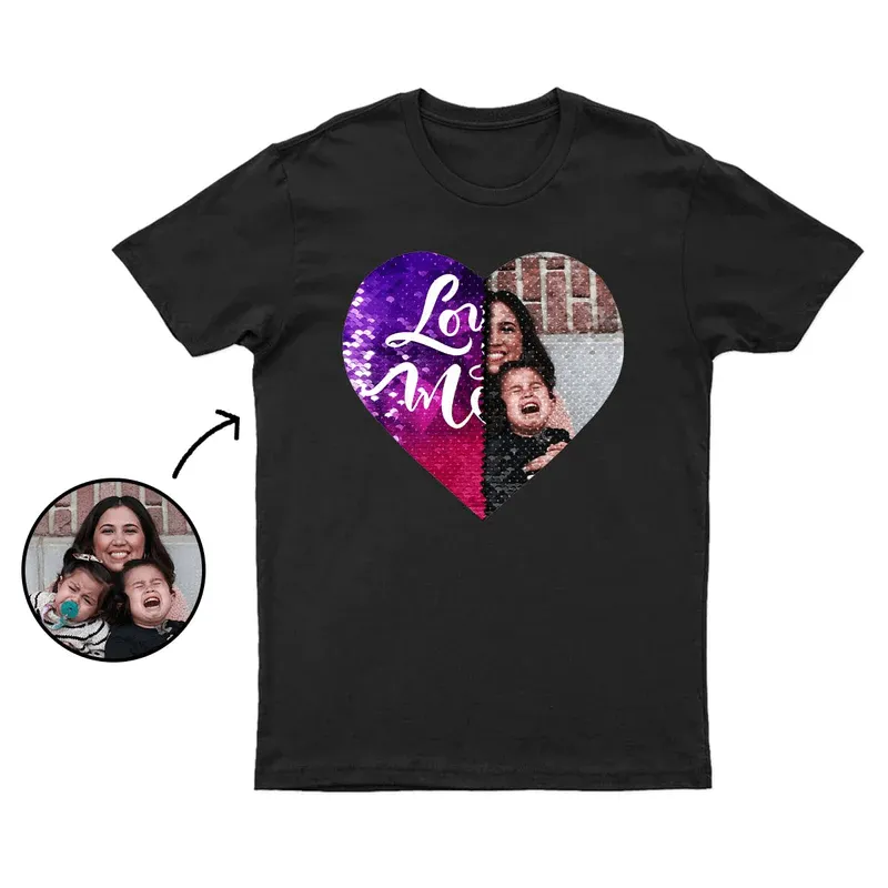 Custom Photo DIY Heart Flip Sequin T-shirt Love You Mom Unisex Shirt Cotton Sequin Tee Mother's Day Gifts