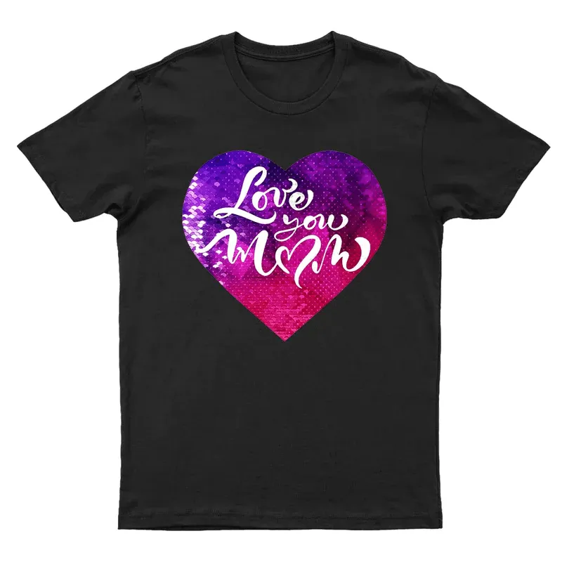 Custom Photo DIY Heart Flip Sequin T-shirt Love You Mom Unisex Shirt Cotton Sequin Tee Mother's Day Gifts