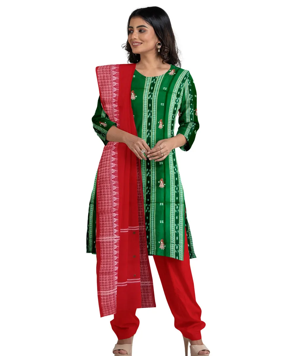 Dark green red handwoven cotton nuapatna dress material