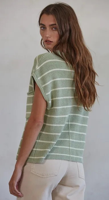 Denver Knit Cotton Top in Sage/Cream - PREORDER