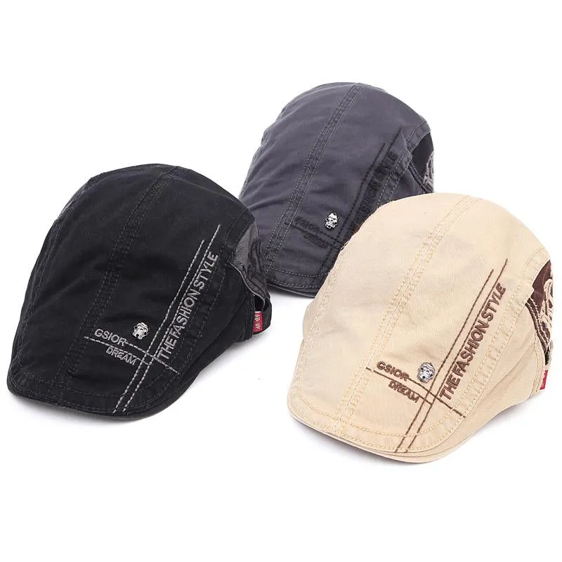 Embroidered Cotton Flat Newsboy Cap