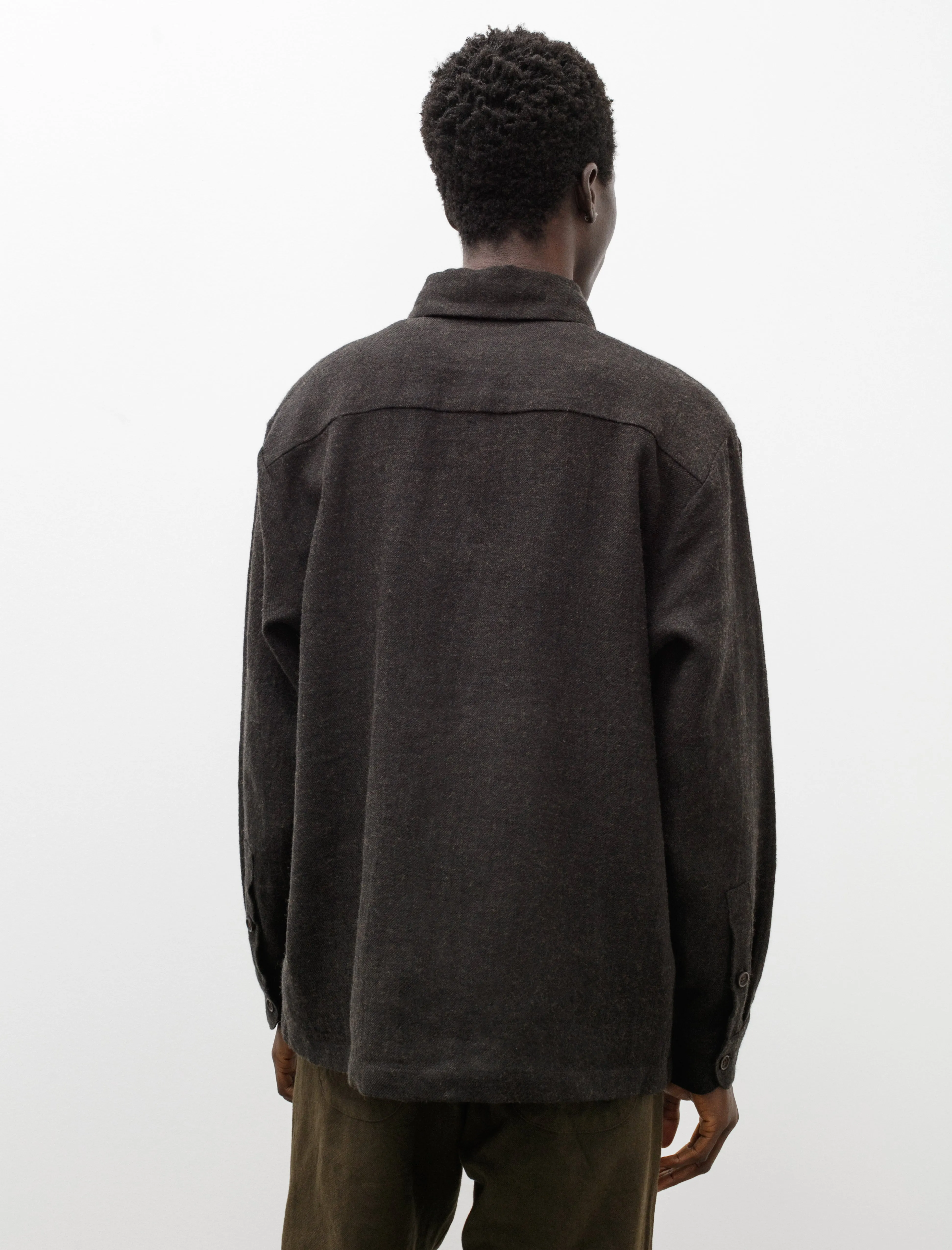 Flat Hem Shirt Brushed Linen Wool Dark Brown