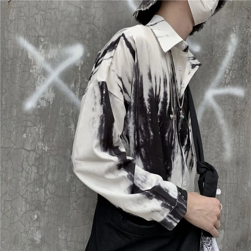 Foesce -Gothic Shirt Men Women Spring Autumn Korean Vintage Tie-dye Printing Loose Bf Hip-hop Casual Long-sleeved Blouse Streetwear