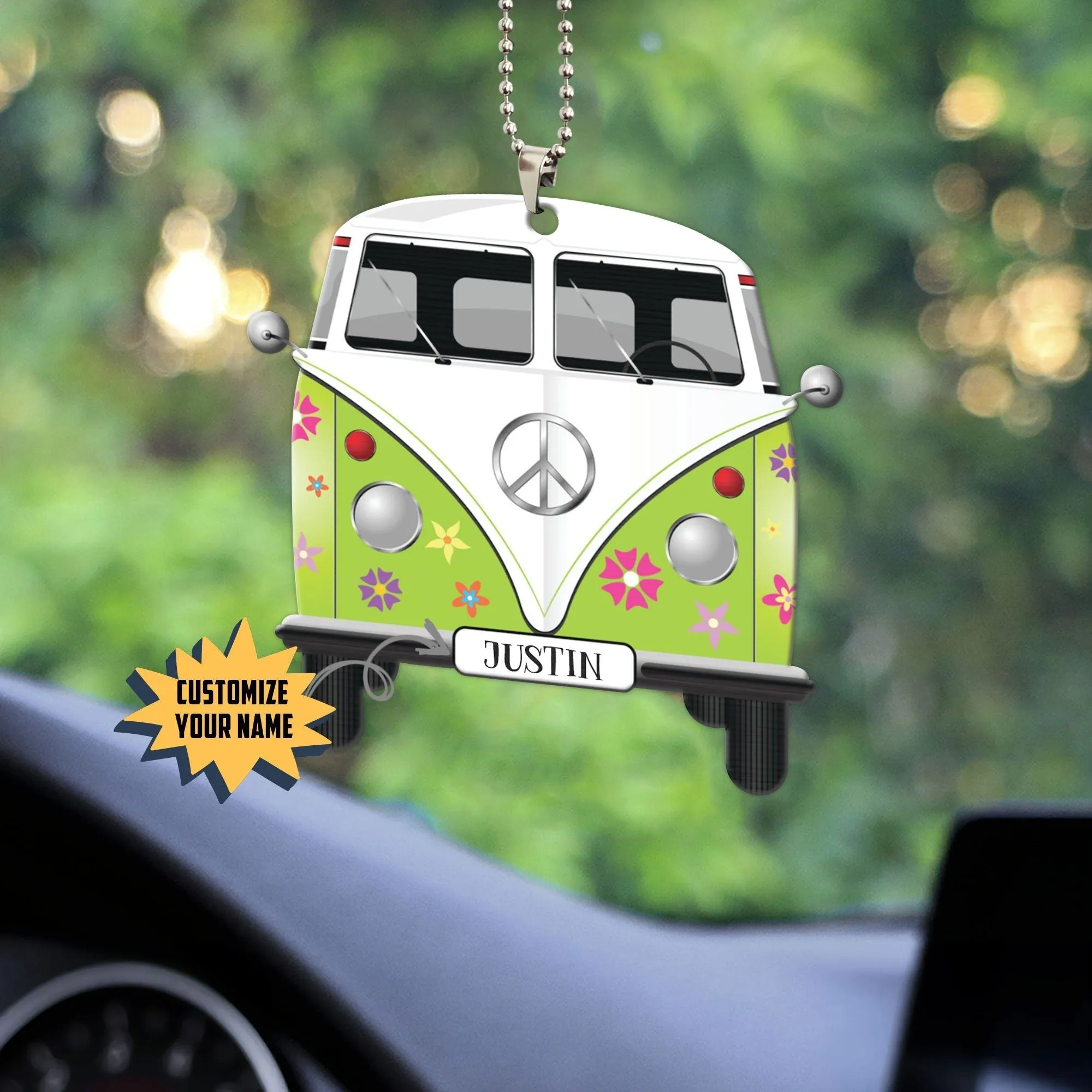 Gearhuman 3D Flowered Hippie Van Custom Name Car Hanging