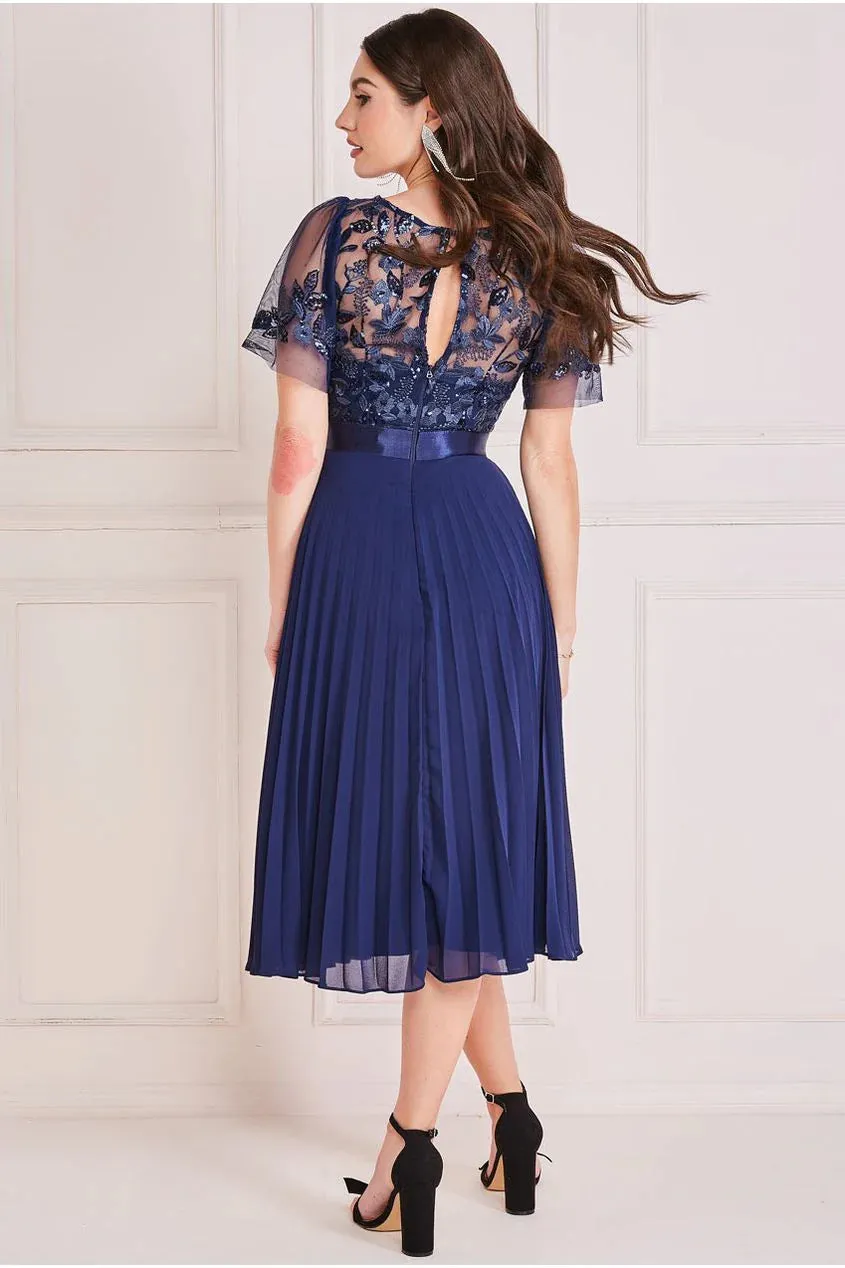 Goddiva Embroidered Top Chiffon Pleated Midi