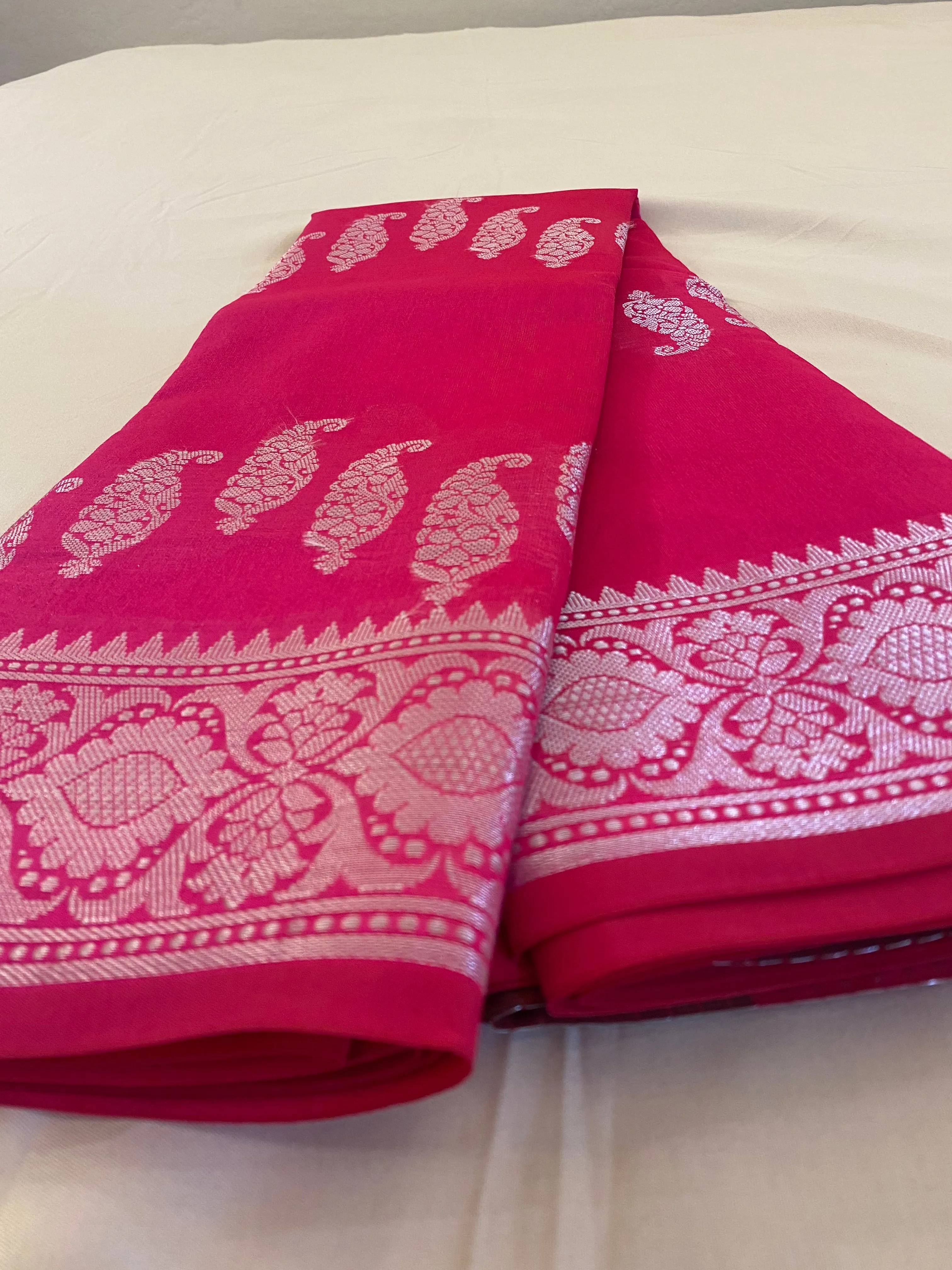 Gorgeous Hot Pink Silk Cotton Saree with Silver Jari