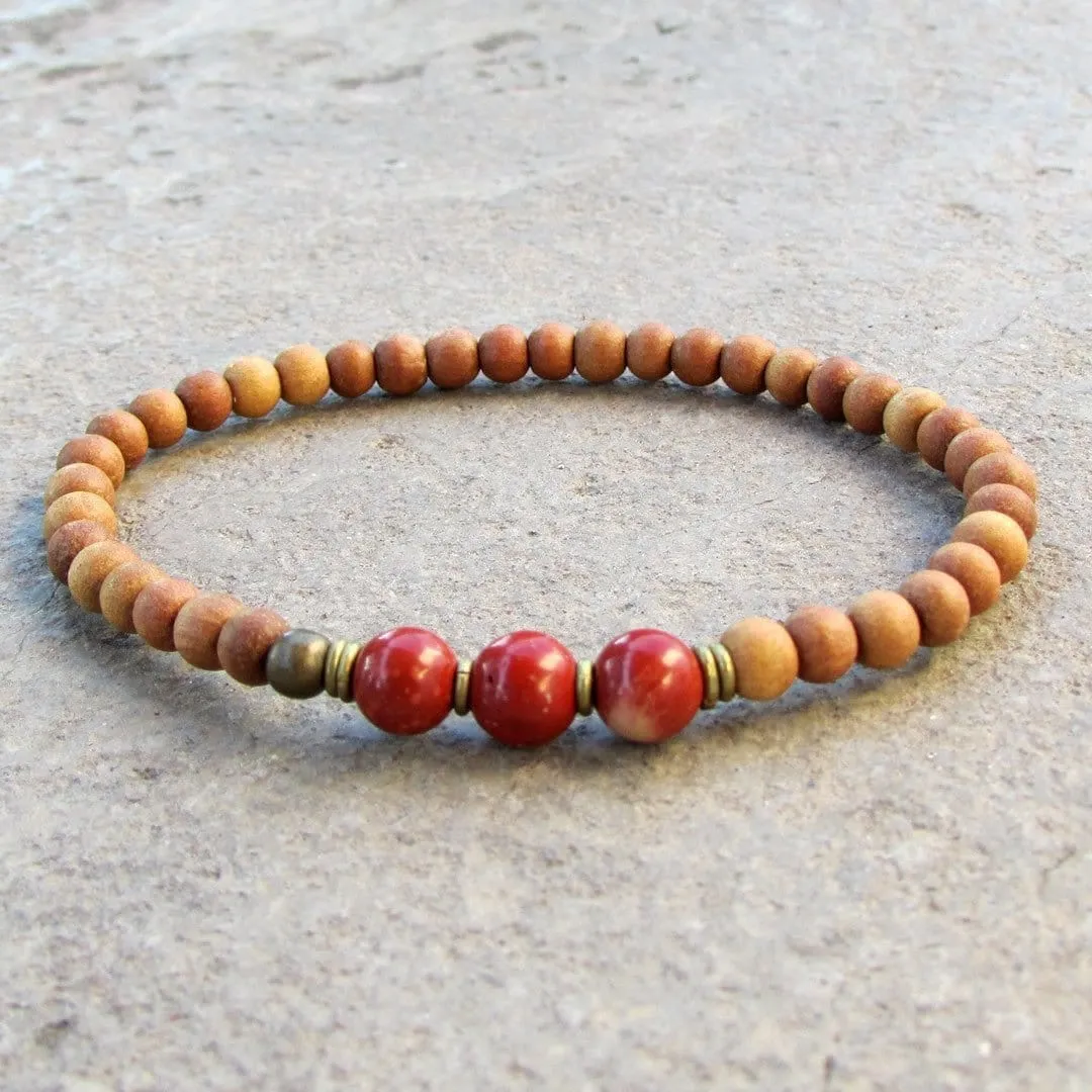 Grounding, First Chakra, Sandalwood and Genuine Red Jasper Gemstone Mala Bracelet