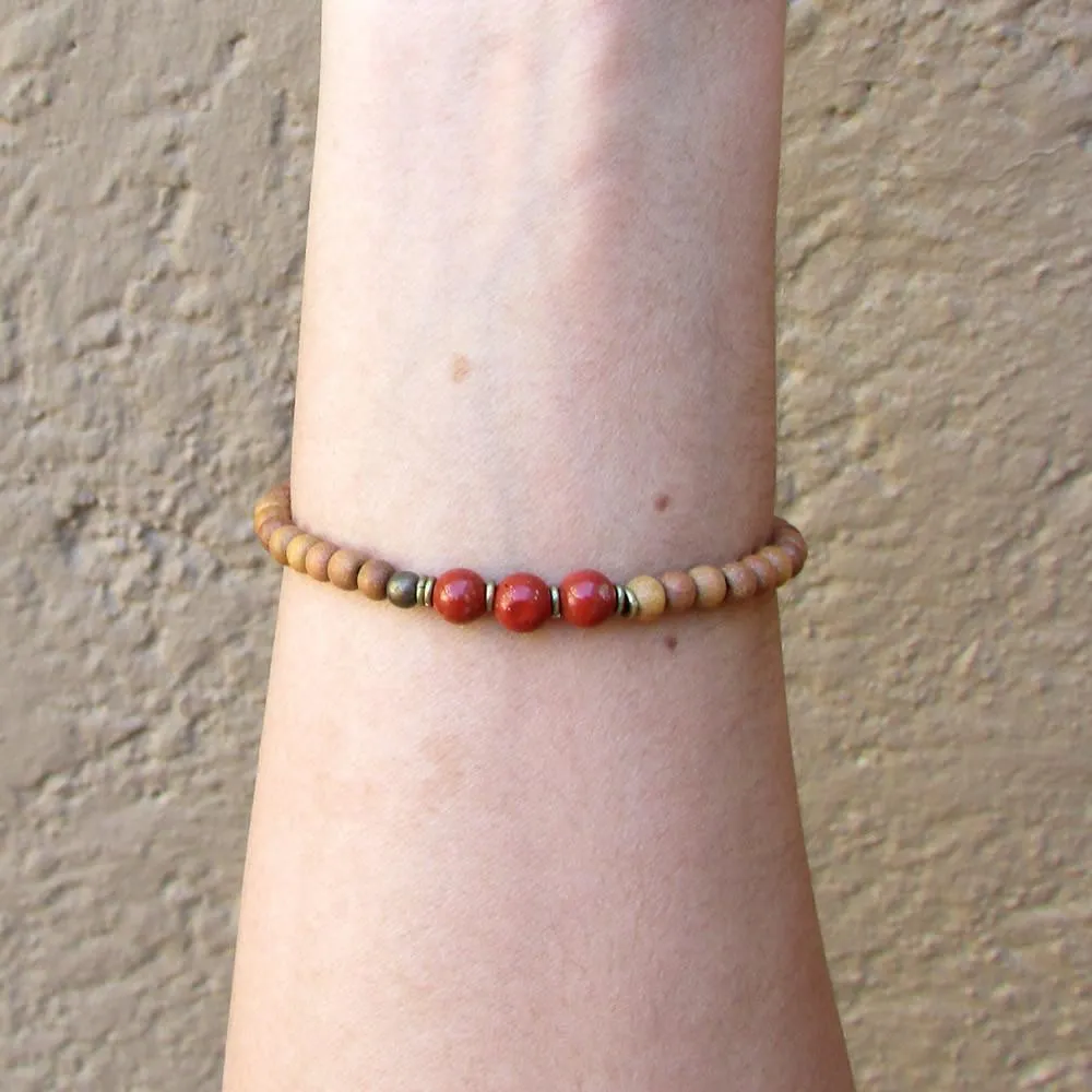 Grounding, First Chakra, Sandalwood and Genuine Red Jasper Gemstone Mala Bracelet