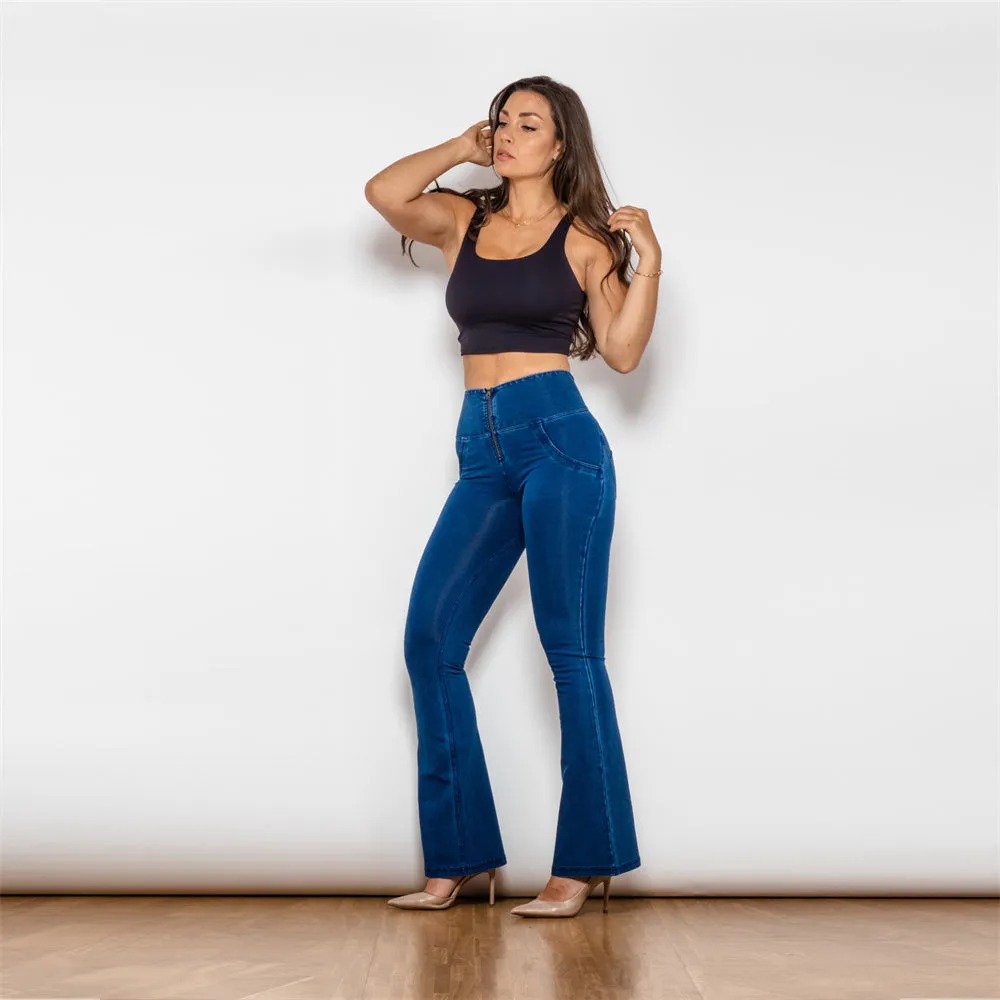 High Waist Dark Thread Dark Blue Flare Jeans