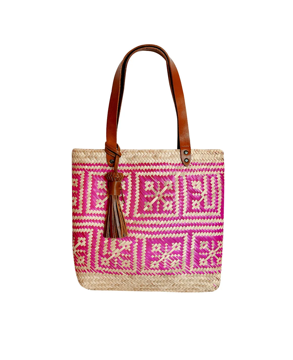 Keta tan leather tote bag / pink arrows hand woven palm