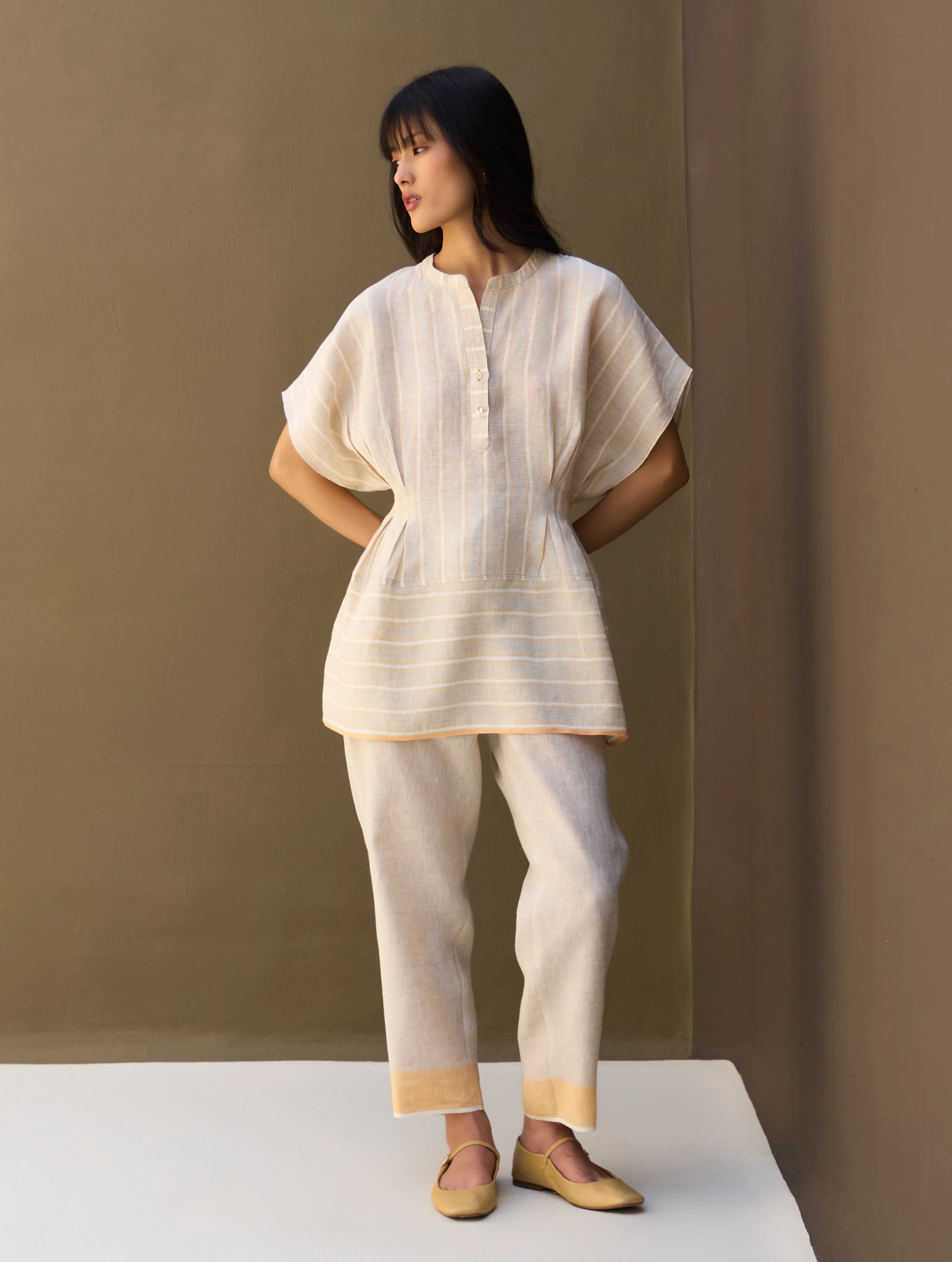 Kia Stripe Linen Pleated Top - Natural