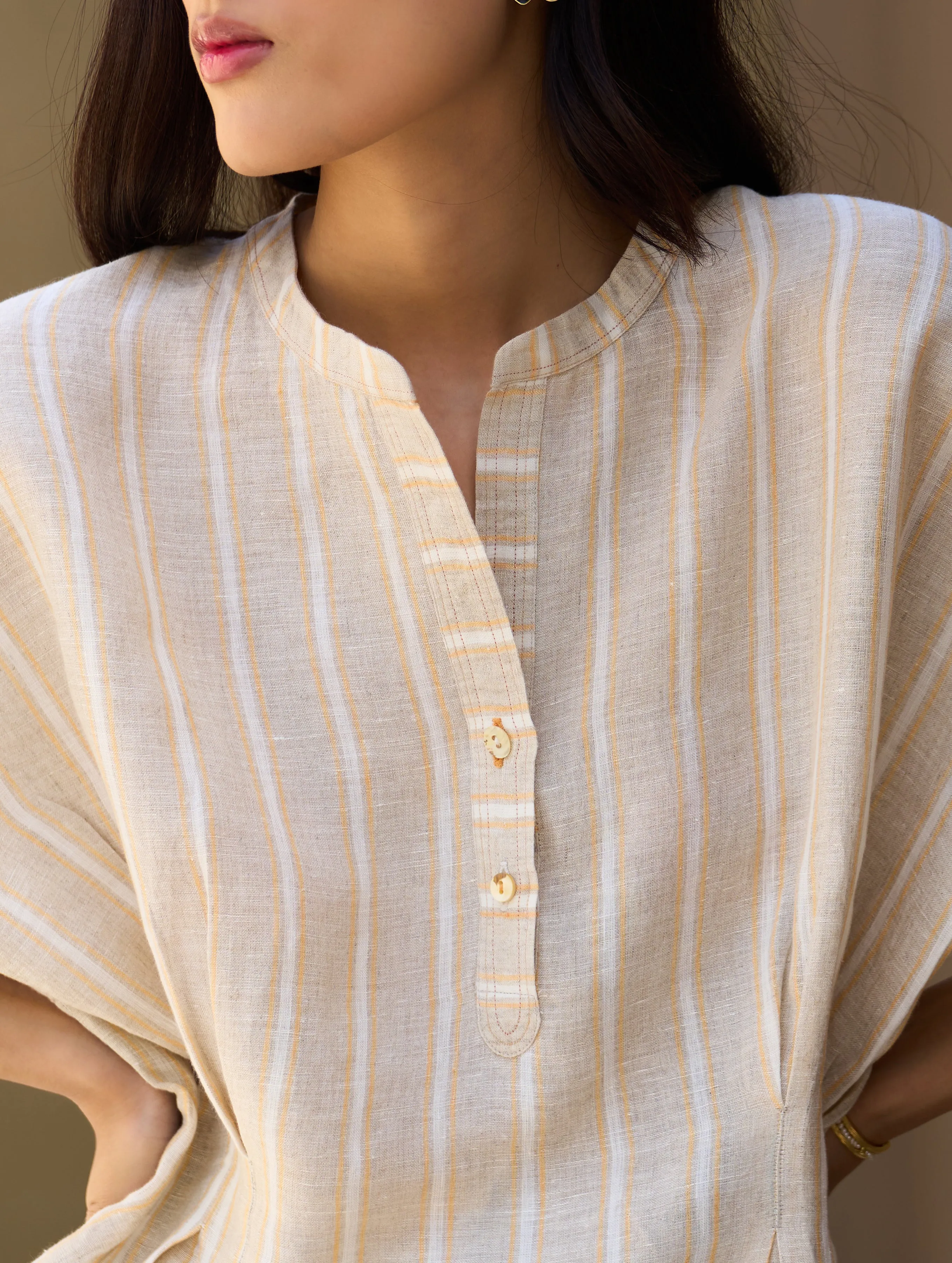 Kia Stripe Linen Pleated Top - Natural