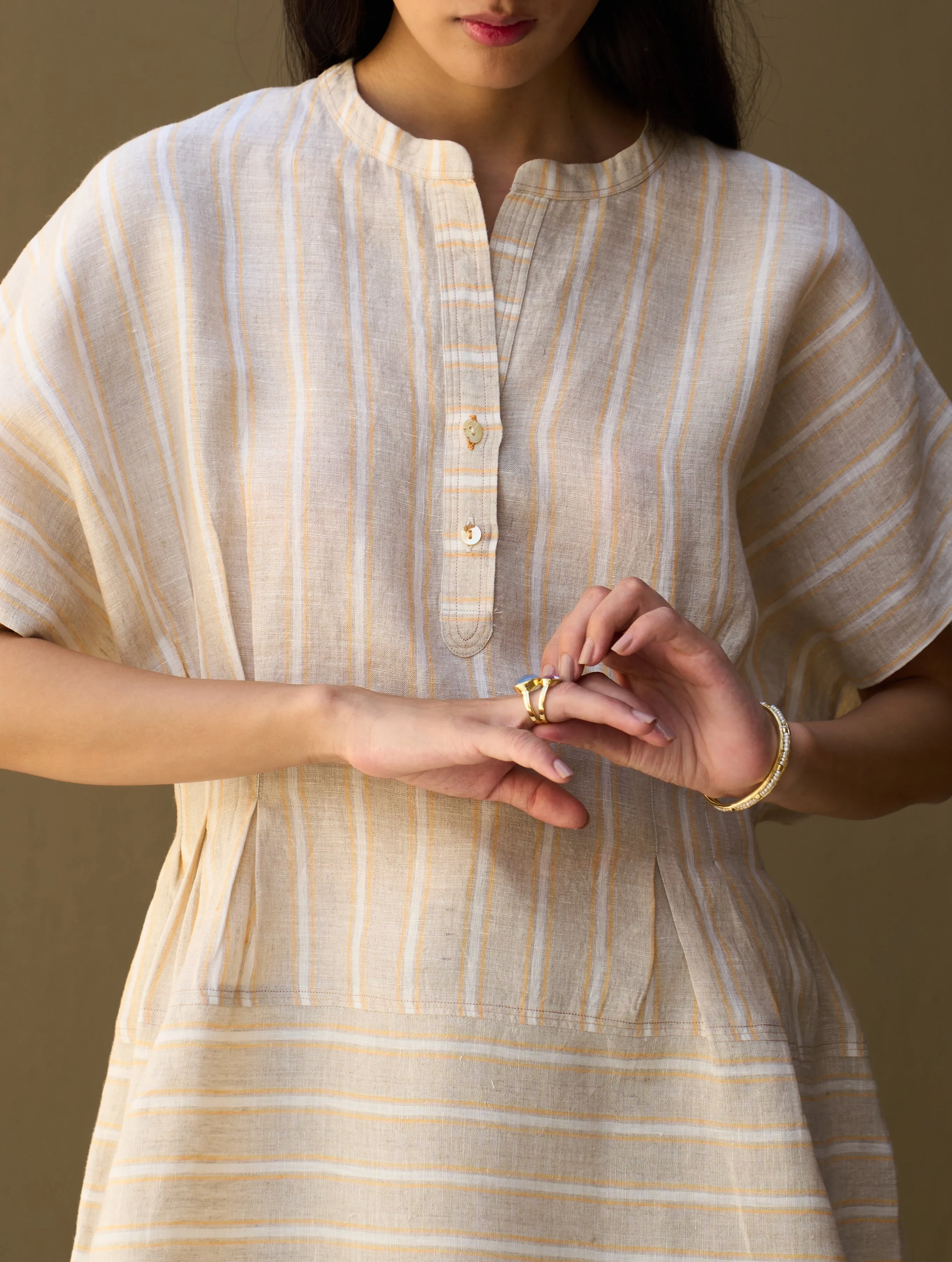 Kia Stripe Linen Pleated Top - Natural