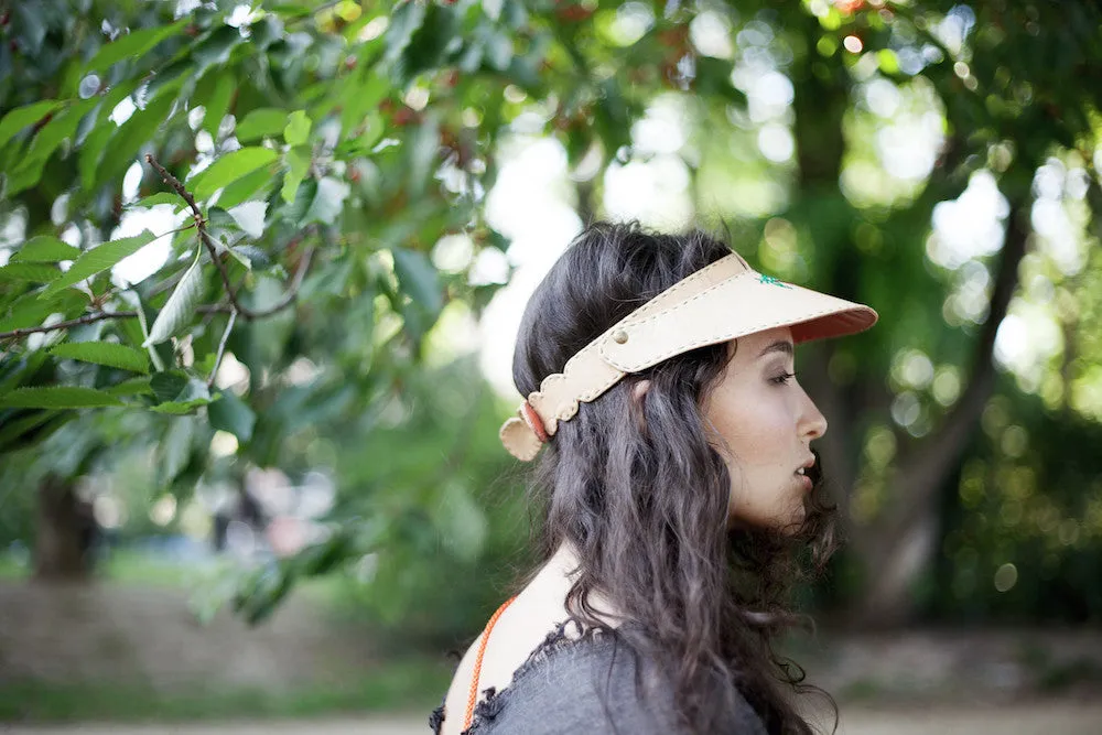 Leather Cap in Beige with Palm Tree Embroidery