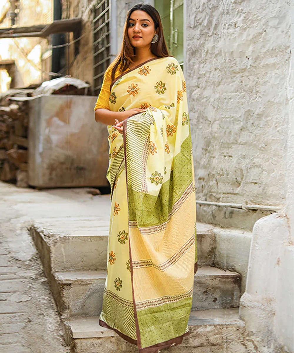 Lime green olive green cotton hand block sanganeri printed saree