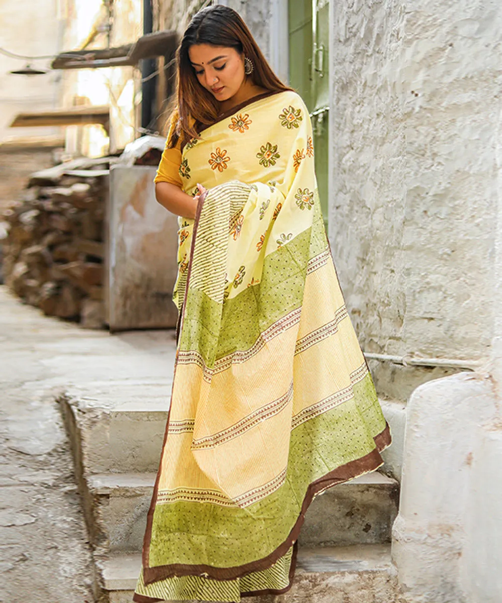 Lime green olive green cotton hand block sanganeri printed saree